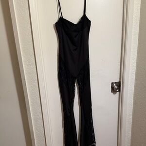 Fashion Nova Black Lace-Panel Spaghetti Strap Jumpsuit